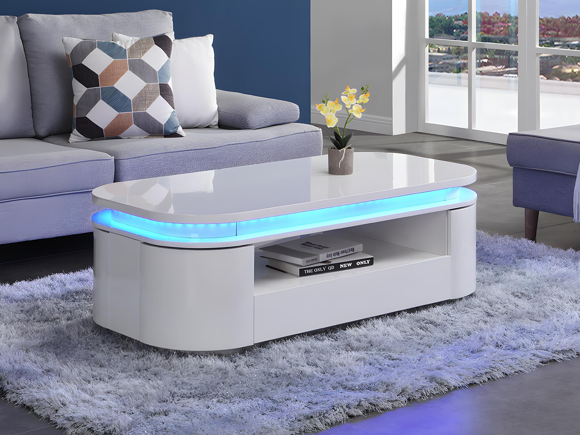 Couchtisch Mit 4 Türen & 1 Schublade Mit Led Beleuchtung – Mdf In Couchtisch Weiß Mit Schublade